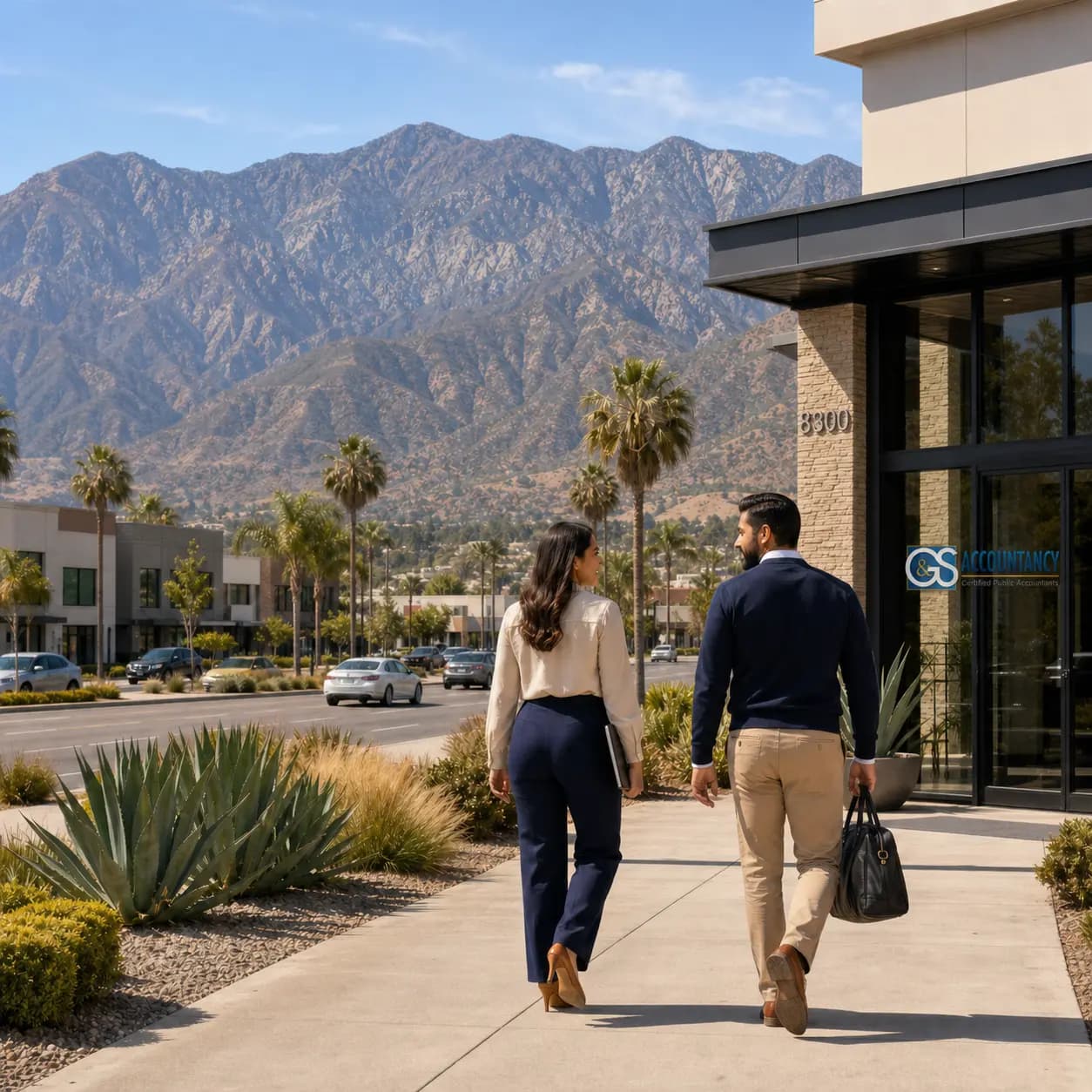 Two professionals walking past the G&S Accountancy office in Rancho Cucamonga, California, with the San Gabriel Mountains behind them.