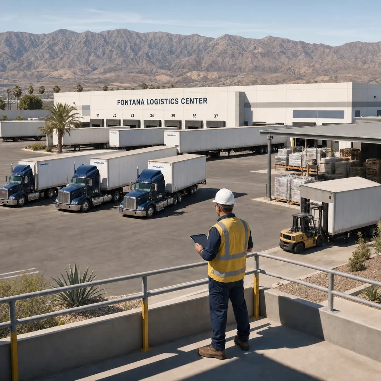 A commercial and logistics setting in Fontana, California, where G&S Accountancy serves trucking and small-business clients.