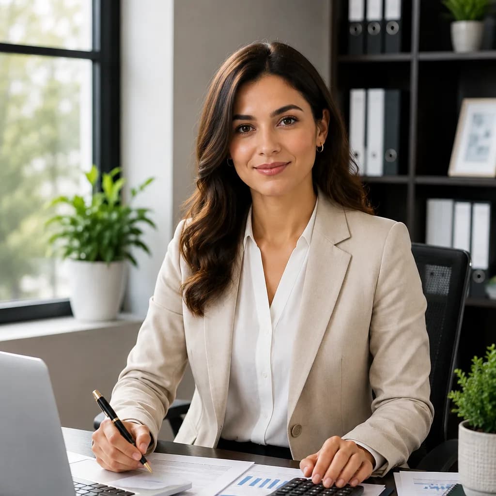 A bookkeeper at a laptop with monthly reports and a calculator on the desk, keeping a Southern California client's books reconciled.