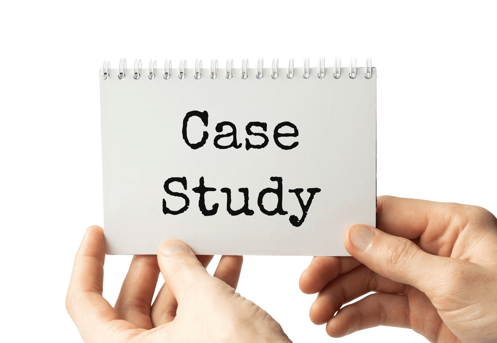 Hands holding a notebook labeled Case Study beside client results marketing copy