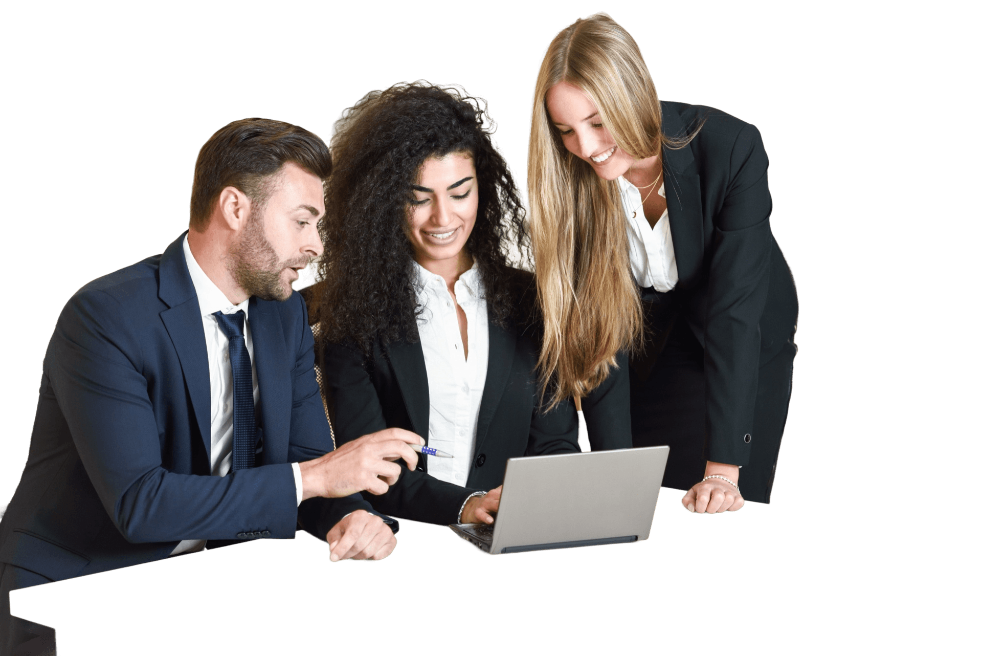 Three business professionals reviewing bank reconciliation work on a laptop