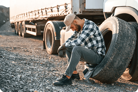 Truck driver stressed beside a commercial vehicle