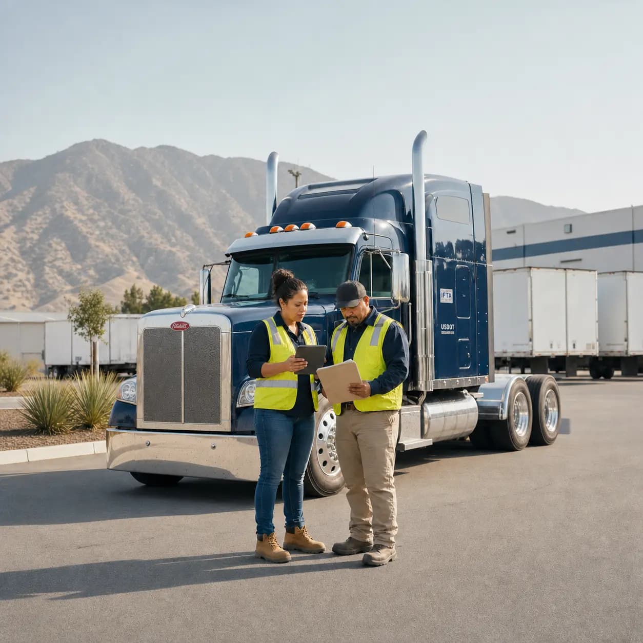 Semi-trucks at a California fleet yard, where G&S Accountancy handles IFTA fuel-tax reporting and FET audit defense for trucking companies.