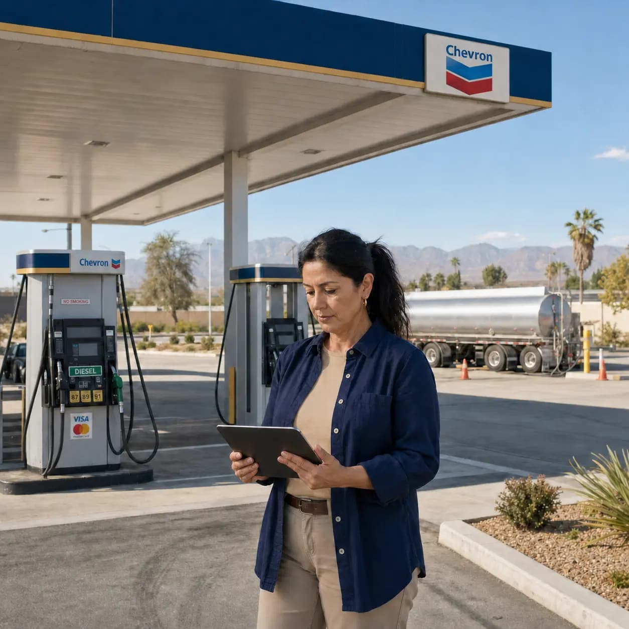 A California gas station forecourt and fuel pumps, representing the fuel-retail clients G&S Accountancy prepares financial statements for.