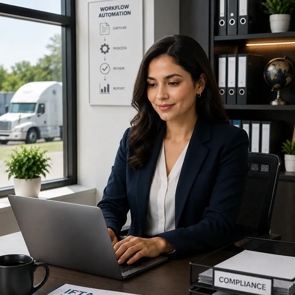 A CPA working at a laptop beside labelled compliance-document trays, with a workflow-automation chart on the wall and a truck yard through the window.